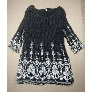 Womens Large Lined Dress Black W Tan Design Polka Dots Half Sleeve Short Dress